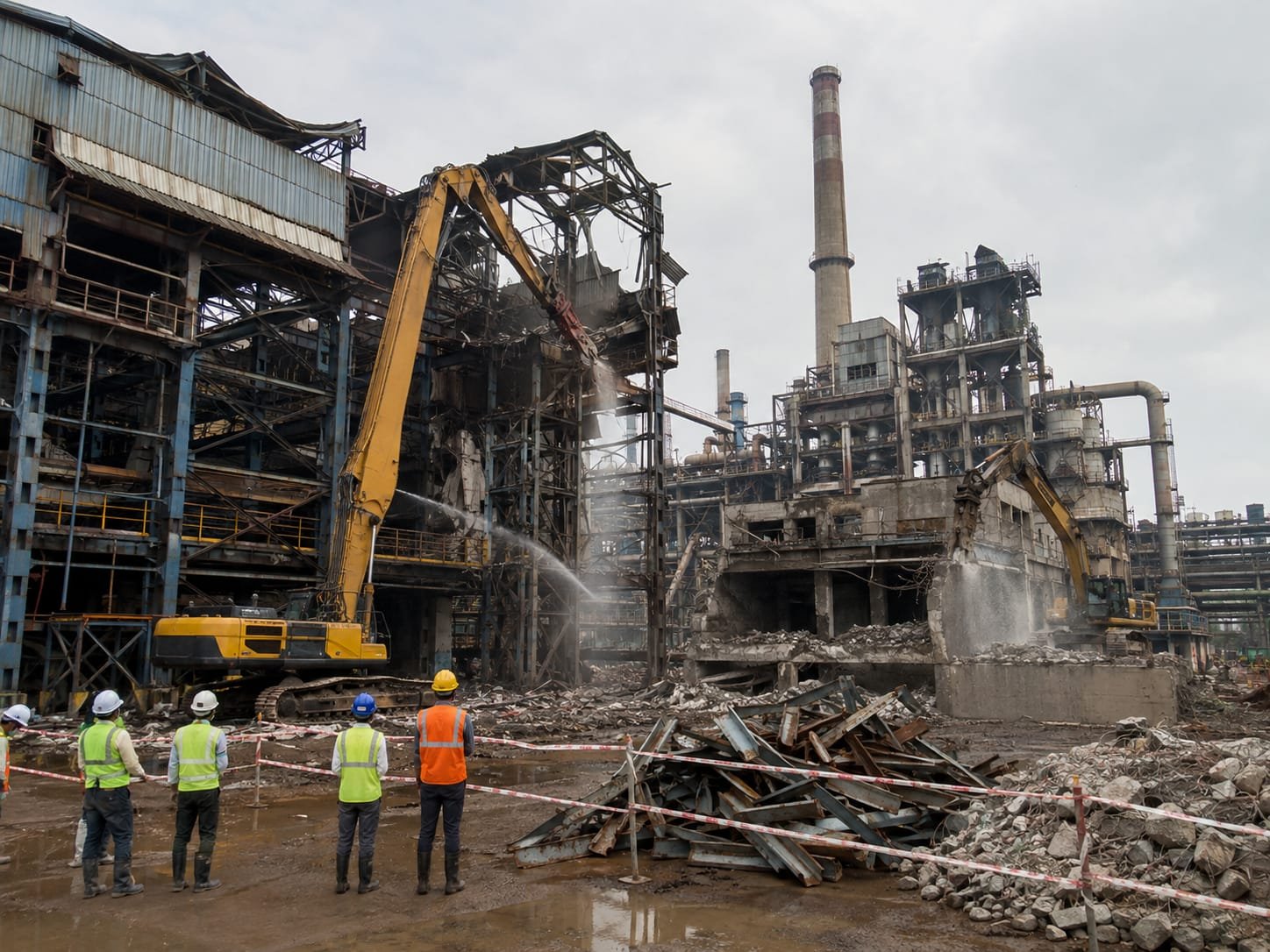 Large building undergoing controlled demolition