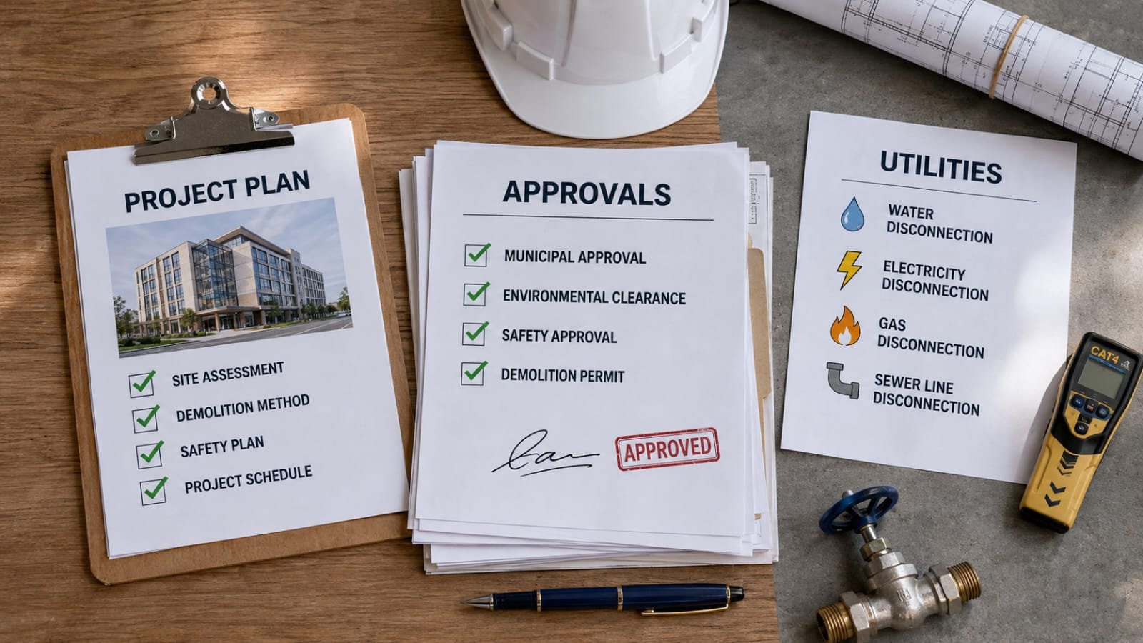 Demolition planning documents, approvals and utility coordination