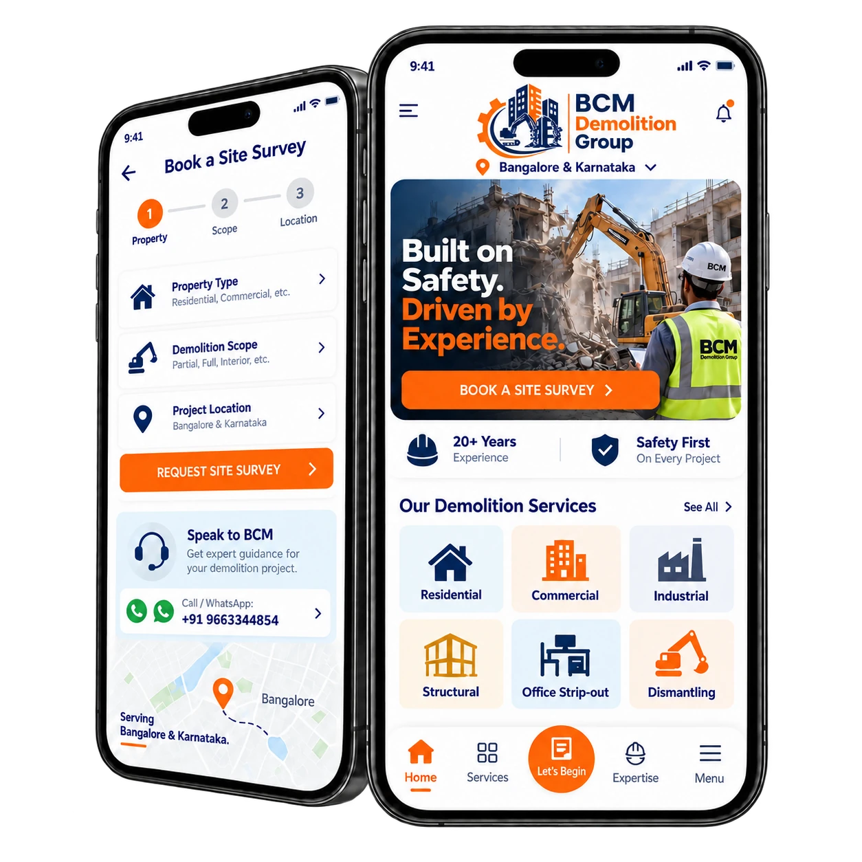 BCM Demolition Group mobile website and site survey mockup