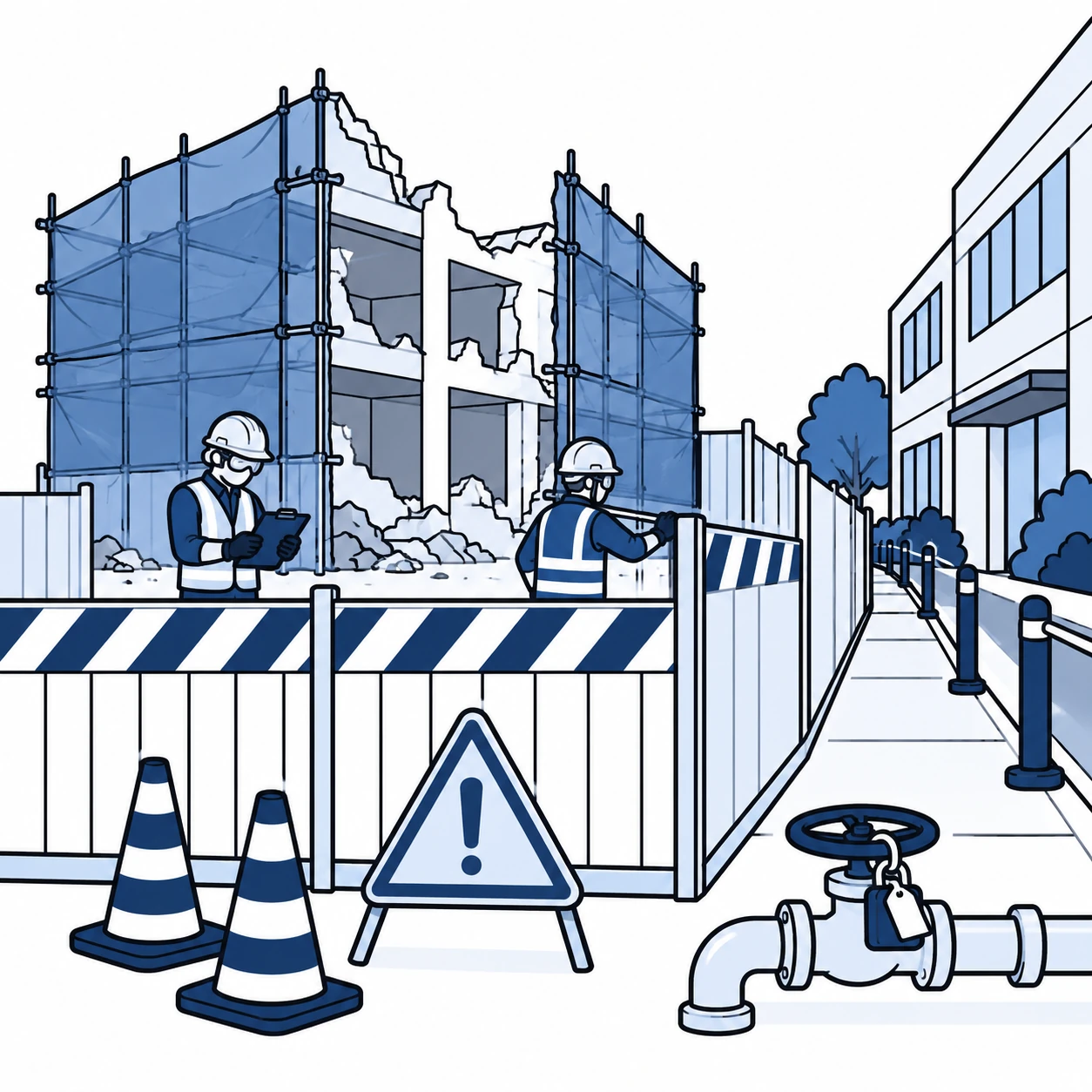 Barricading and safety preparation at a demolition site